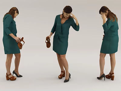 Women in Stylish Green Dresses Holding Shoes with Various Poses and High Heels 3d model