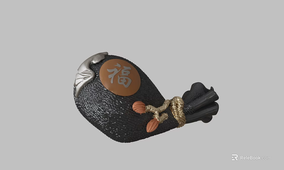 Traditional Chinese Black Sculpture with Brown Fu Character Panel Silver Accents and Rope Tassel Decoration 3d model 