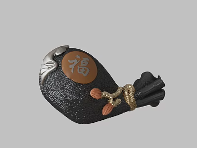 Traditional Chinese Black Sculpture with Brown Fu Character Panel Silver Accents and Rope Tassel Decoration 3d model