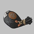 Traditional Chinese Black Sculpture with Brown Fu Character Panel Silver Accents and Rope Tassel Decoration