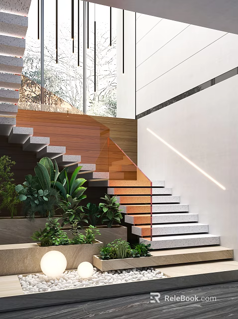 Modern Staircase With Wooden Steps Glass Railing Green Plants And Ambient Lighting 3d model 