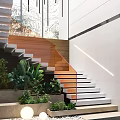 Modern Staircase With Wooden Steps Glass Railing Green Plants And Ambient Lighting