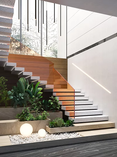 Modern Staircase With Wooden Steps Glass Railing Green Plants And Ambient Lighting 3d model