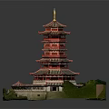 Ancient Chinese Multi Tiered Pagoda With Red Architecture Golden Spire Curved Eaves And Stone Base