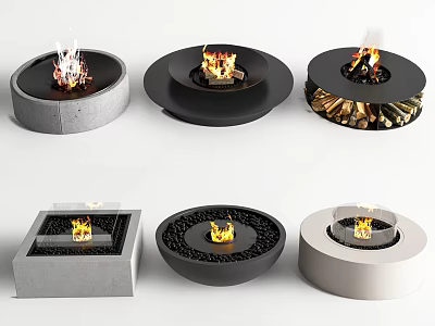 Contemporary Fireplaces in Various Shapes Materials and Styles with Burning Flames 3d model