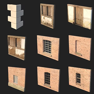 European-style classical window wooden door red brick room 3d model