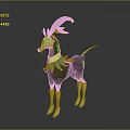 Colorful Fantasy Animal With Pink Feather Headpiece Green Collar Black Body White Legs Green Hooves