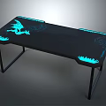 Black Gaming Desk With Blue LED Light Dragon Design Flame Edges And Metal Legs