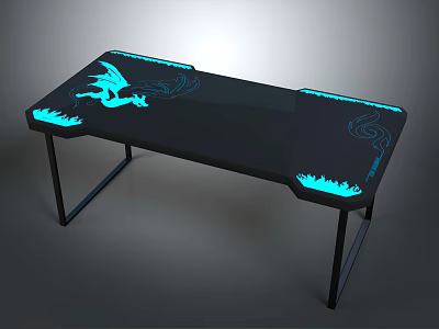 Black Gaming Desk With Blue LED Light Dragon Design Flame Edges And Metal Legs 3d model