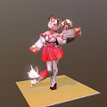 Anime Girl With Fox Ears Tail In Traditional Kimono Cherry Blossom Waving Sleeve