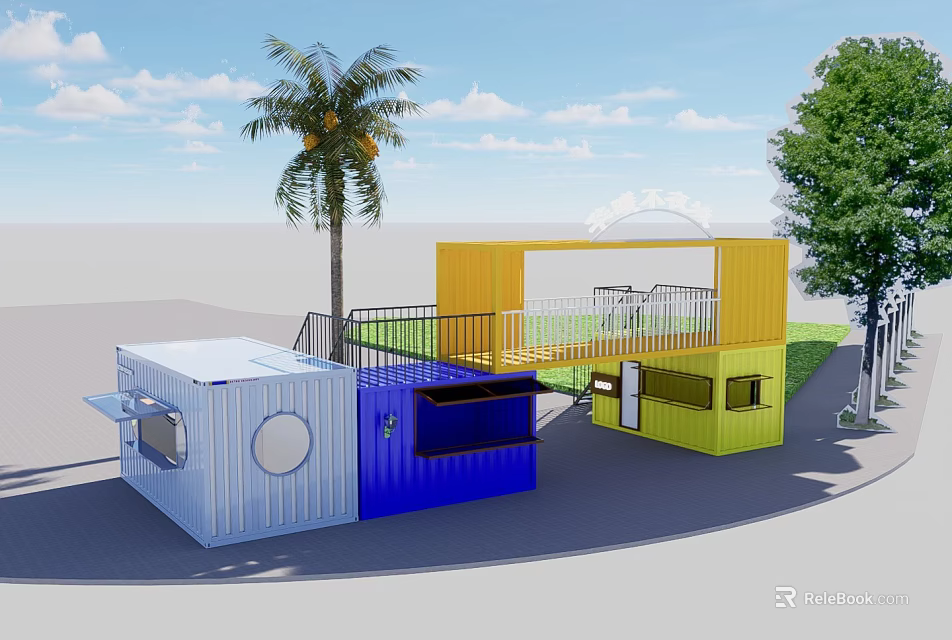 Colorful Container Building Featuring Open Platform And Greenery Around Palm Tree 3d model 