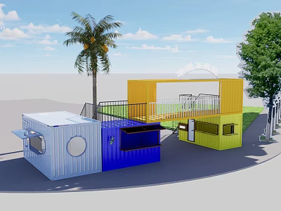 Colorful Container Building Featuring Open Platform And Greenery Around Palm Tree 3d model