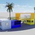 Colorful Container Building Featuring Open Platform And Greenery Around Palm Tree 3d model