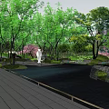 Garden Landscape Design With Lush Green Trees Wooden Pathways Pond And Rock Formations