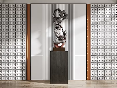 Abstract Modern Sculpture Artwork On Dark Pedestal With Geometric Wall Pattern Design 3d model