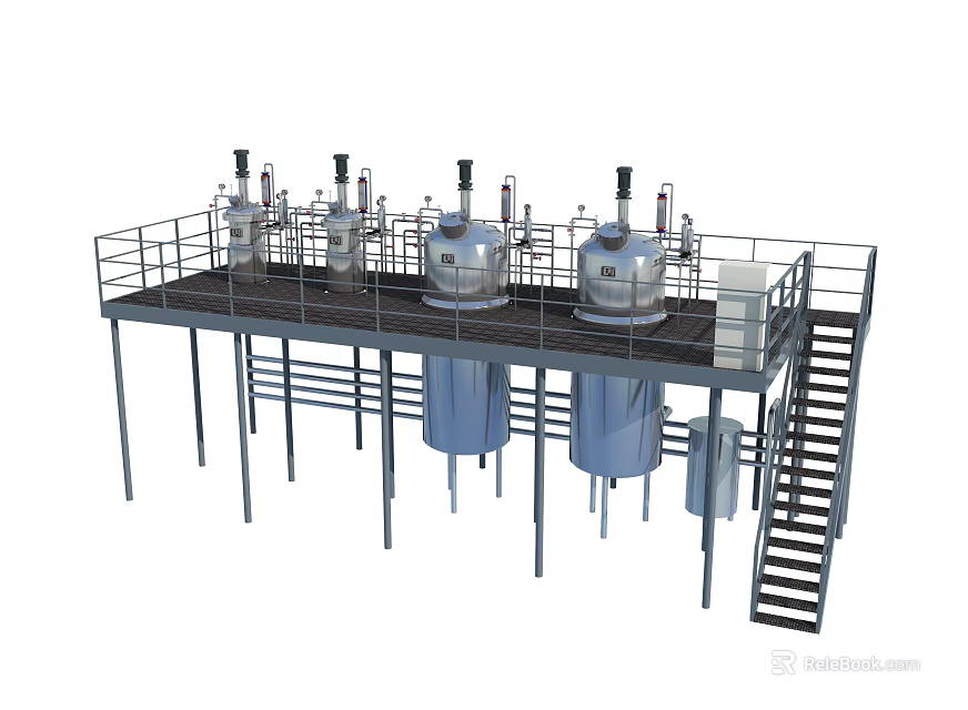 Industrial Equipment With Stainless Steel Reactors On Elevated Platform Pipes And Staircase 3d model 