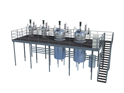 Industrial Equipment With Stainless Steel Reactors On Elevated Platform Pipes And Staircase 3d model