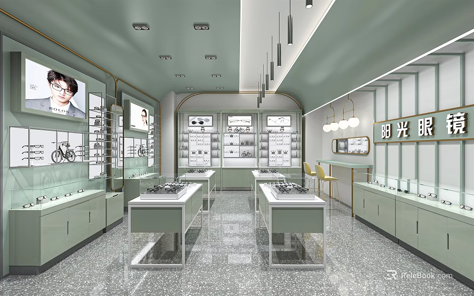 Modern Eyewear Store Interior Design With Display Counters And Wall Eyewear Racks 3d model