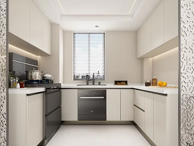 Modern Kitchen Interior With White Cabinets Black Appliances Countertop And Window Blinds 3d model
