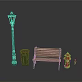 Outdoor Scene Components With Green Street Lamp Trash Can Wooden Bench And Red Fire Hydrant