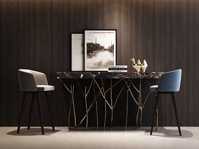 Modern Bar Counter With Marble Top Gold Branch Legs High Stools Dark Wooden Wall 3d model