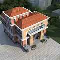 Traditional Multi storey Office Building With Red Brick Exterior Arched Entrance And Tree Lined Surroundings