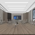 Modern Conference Room Interior With Long Table Ergonomic Chairs Large Screen Ceiling Lights And Windows 3d model