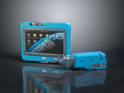Blue Portable Industrial Device With Display Screen Icons And Connected Tool 3d model