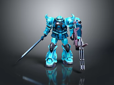 Sci Fi Blue Mech Robot Character With Long Sword And Giant Gun 3d model