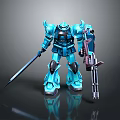 Sci Fi Blue Mech Robot Character With Long Sword And Giant Gun