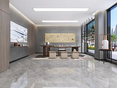 Modern Showroom Interior Featuring Marble Floor Display Table With Stools Wall Decor And Large Windows 3d model