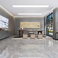 Modern Showroom Interior Featuring Marble Floor Display Table With Stools Wall Decor And Large Windows