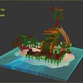 Scenic Pirate Island with Striped Sail Tower Palm Trees and Blue Water