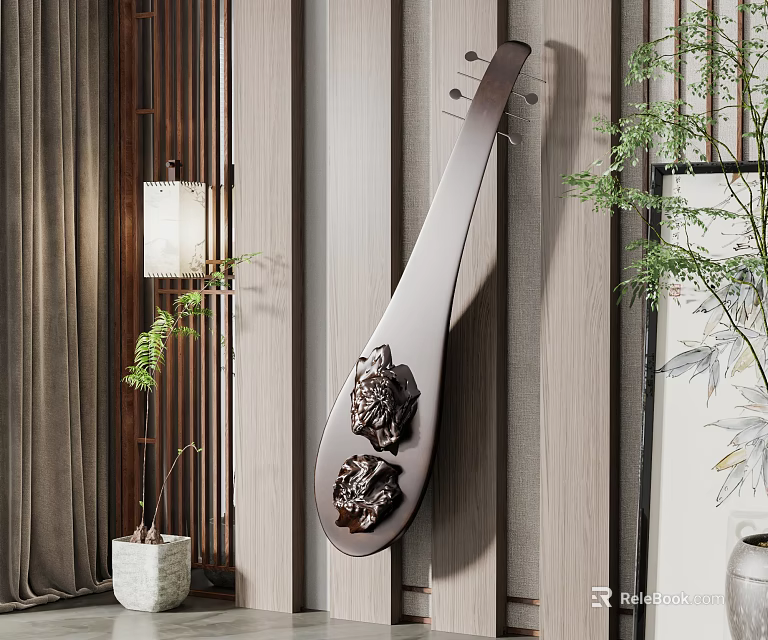 Elegant Lute Shaped Wall Decor With Carved Lion Design On Wooden Wall And Green Plants 3d model 