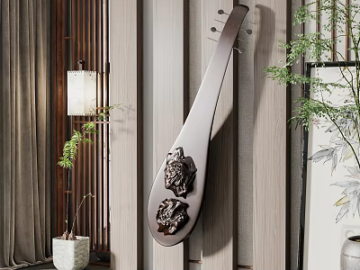 Elegant Lute Shaped Wall Decor With Carved Lion Design On Wooden Wall And Green Plants 3d model