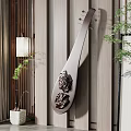 Elegant Lute Shaped Wall Decor With Carved Lion Design On Wooden Wall And Green Plants