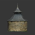 Round Stone Building Model With Gray Tile Roof Pointed Spire And Green Base Decoration