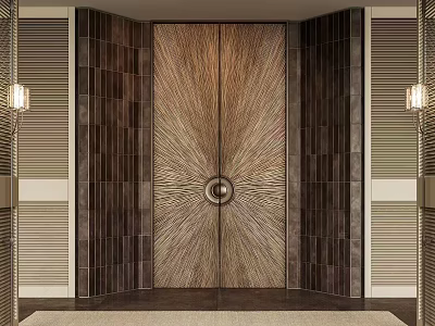 Elegant Wooden Double Doors With Radiating Pattern And Metal Accent In Tile Wall Setting 3d model