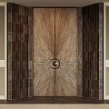 Elegant Wooden Double Doors With Radiating Pattern And Metal Accent In Tile Wall Setting