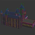 Cartoon Castle Scene With Medieval Style Blue Spires Multiple Towers And Brick Walls