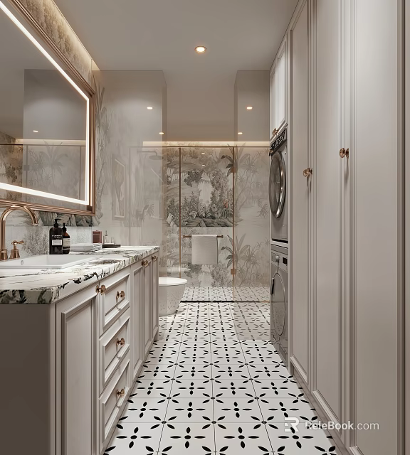 Elegant Bathroom With Marble Vanity And Patterned Tile 3d model