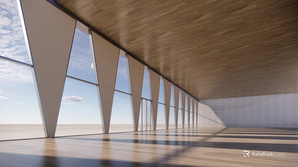 Modern Building Exterior Wall Featuring Triangular Structure Large Glass Windows And Wooden Ceiling 3d model 
