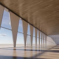 Modern Building Exterior Wall Featuring Triangular Structure Large Glass Windows And Wooden Ceiling