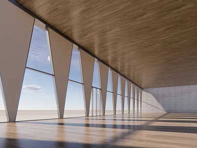 Modern Building Exterior Wall Featuring Triangular Structure Large Glass Windows And Wooden Ceiling 3d model