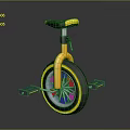 Bright Yellow Unicycle With Black Seat Colorful Spokes And Metal Foot Pedals