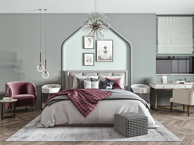 Modern Background Double Bed Double Bed Chandelier Bedside Table 3d model