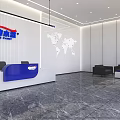 Modern Reception Desk Interior Design With White Walls World Map Backdrop Black Sofas And Marble Floor 3d model