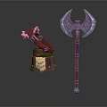 Fantasy Battle Hammer With Fur Accents And War Axe With Purple Engravings