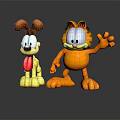 Orange Garfield Waving Hand And Yellow Dog Toy Figures With Tongue Out On Dark Surface