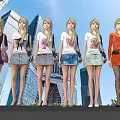 Women In Various Fashion Outfits With Different Tops And Skirts Against Modern Building